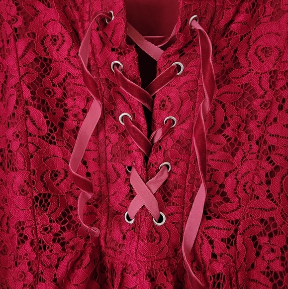 Women's Red Lace 1X Top Shirt Bell Sleeve Whimsygoth Corset Sheer Boho Festival - Picture 5 of 6